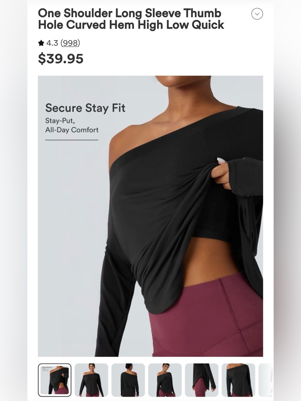 HALARA One-Shoulder Long Sleeve Thumb Hole Top - Black